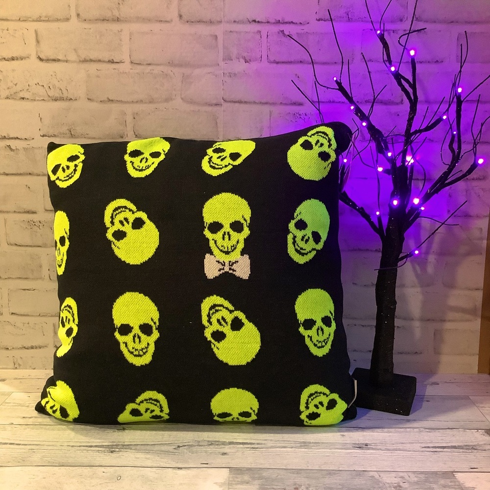 Sweet Street Bright Green Skull Print Knit Pillow